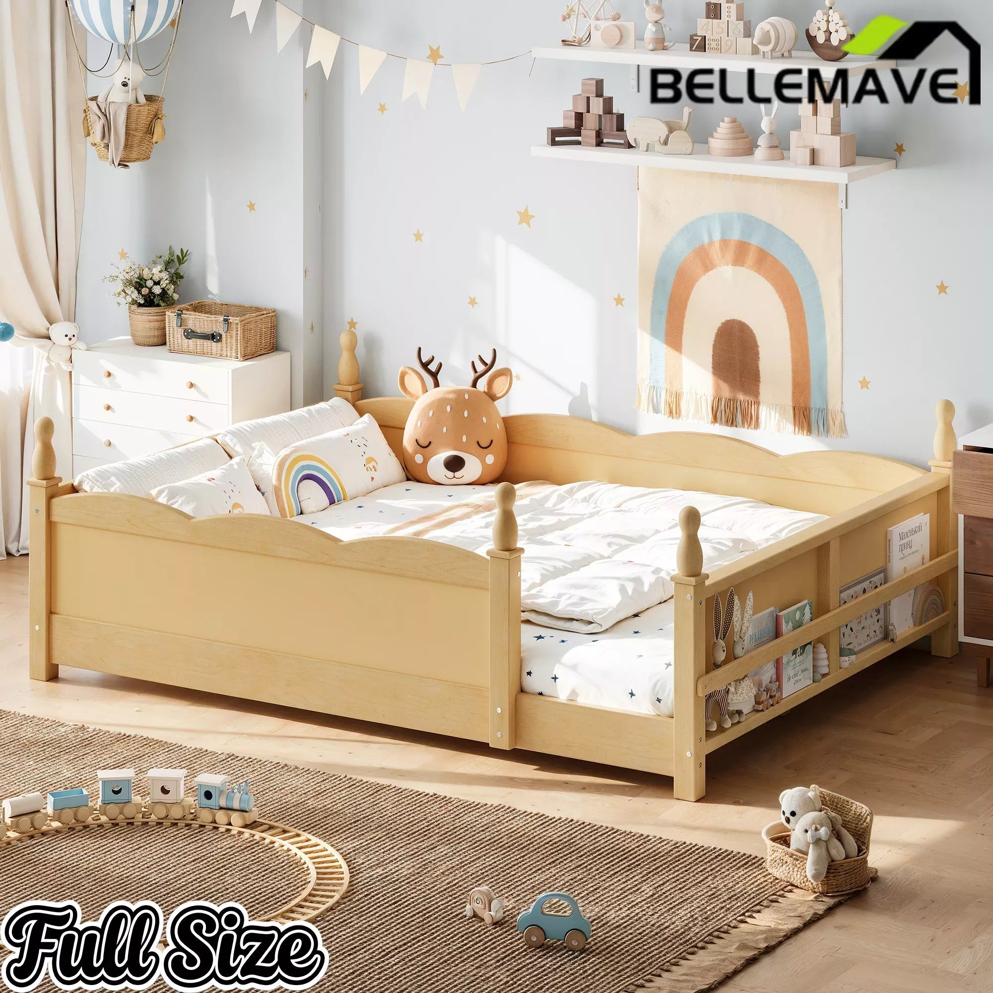 Bellemave® Floor Bed with Bookshelf & Safety Guardrails for Kids, Wooden Montessori Bed Frame with Childlike Design for Girls Boys Bellemave®