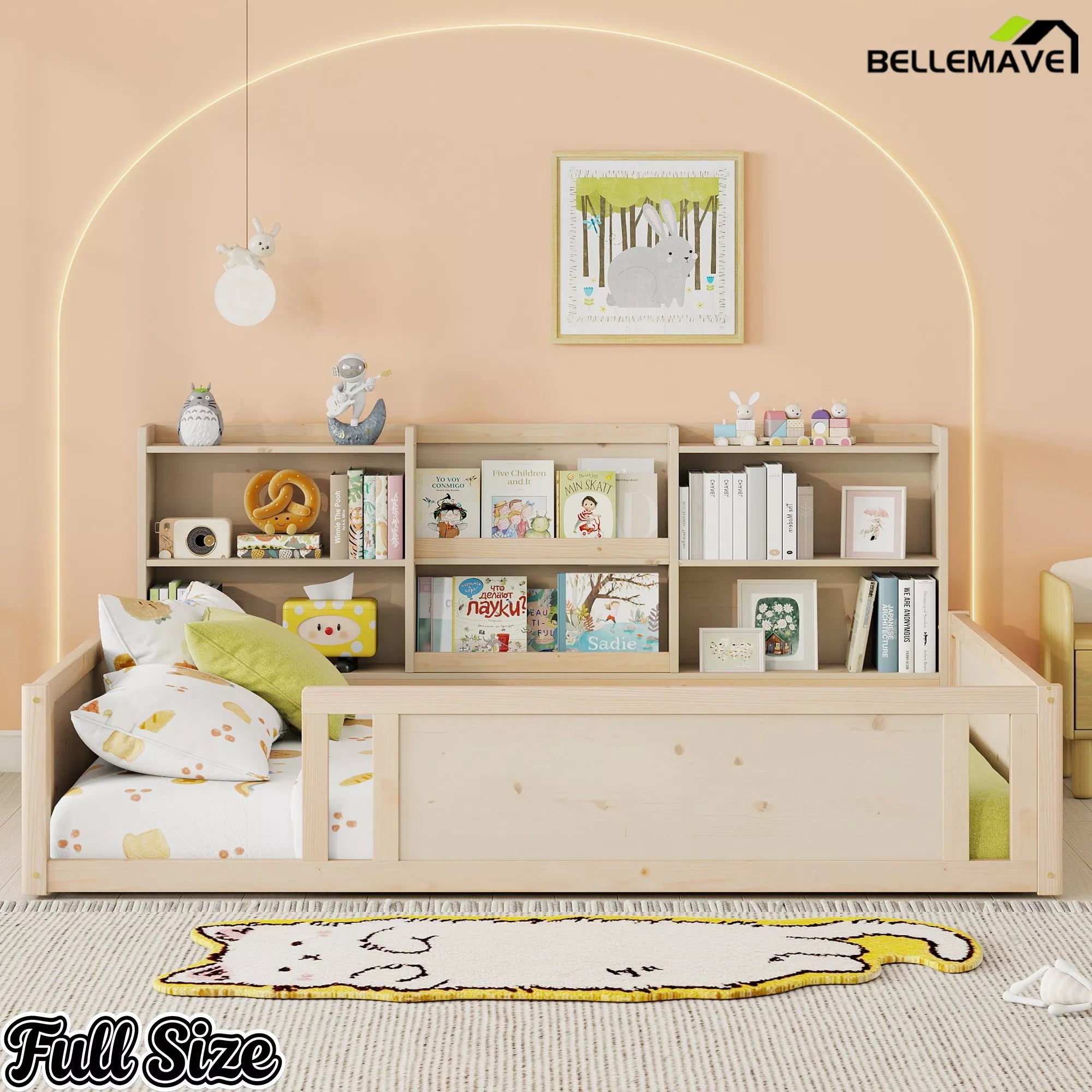 Wooden kids floor bed frame with side storage shelves