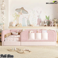 Bellemave® Kids Upholstered Floor Bed with Full Surround Safety Rails, Montessori Low Profile Bed with Teddy Fleece Frame & Side Storage Pocket