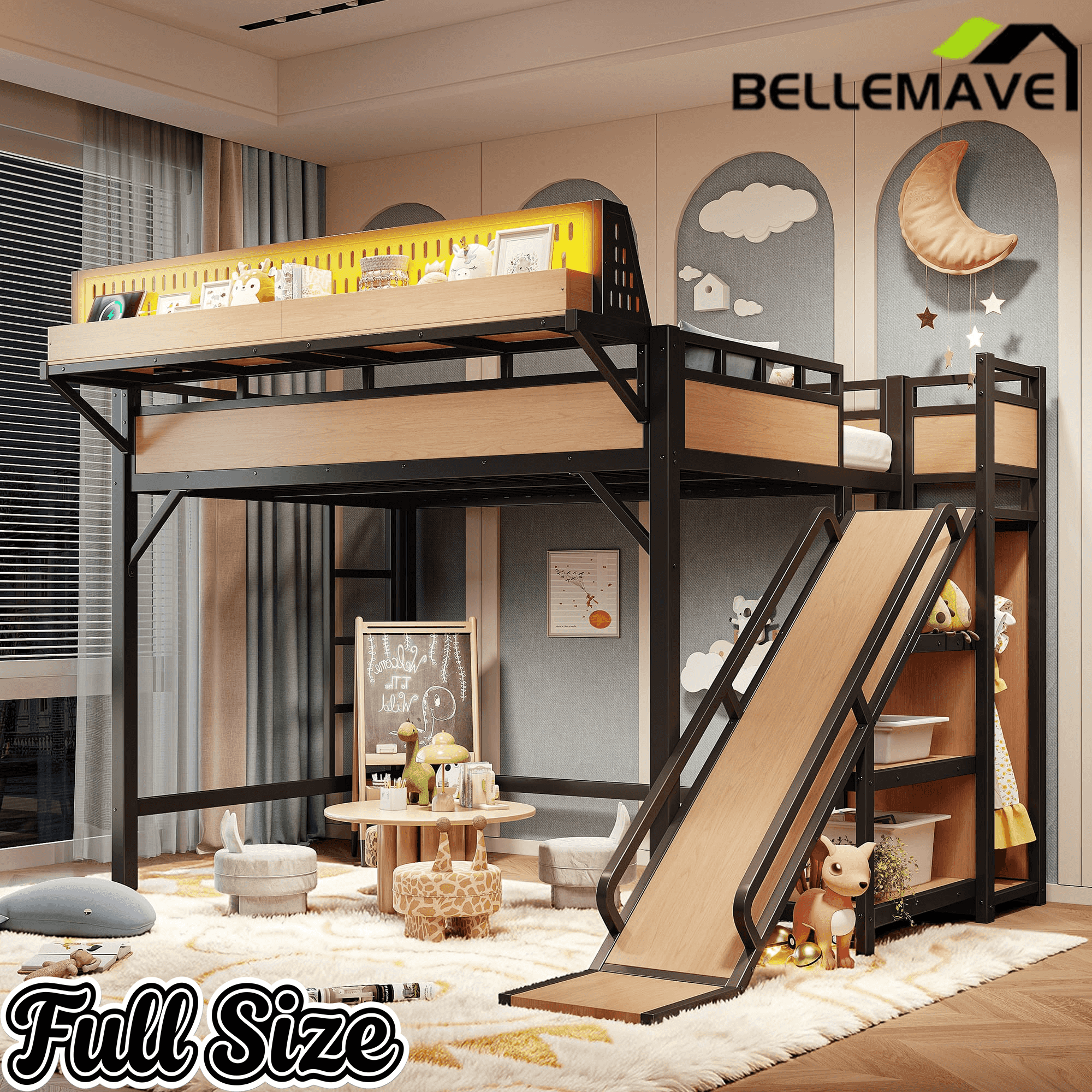 Bellemave® Loft Bed with Ladder, Storage Shelves & Slide,Wardrobe & Pegboard, Metal Loft Bed Frame with USB Ports & LED Lights Bellemave®