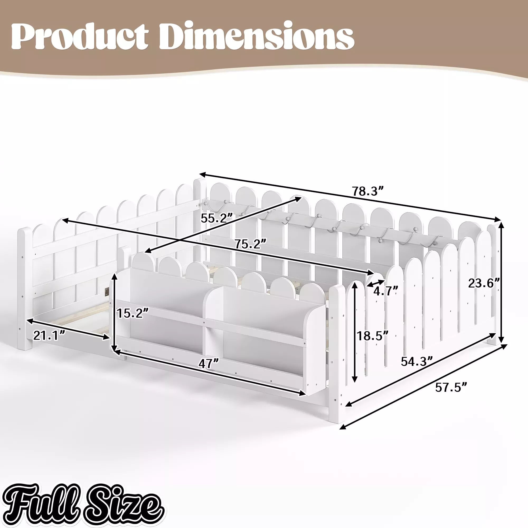 Bellemave® Solid Wood Montessori Floor Bed with High Fence Guardrails, Bookshelf & LED Light, Low Profile Kids Bed Frame Bellemave®