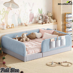 Bellemave® Kids Upholstered Floor Bed with Full Surround Safety Rails, Montessori Low Profile Bed with Teddy Fleece Frame & Side Storage Pocket