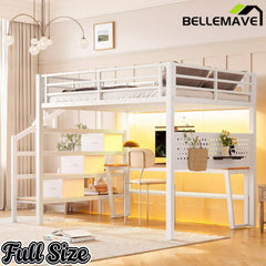 Bellemave® Loft Bed with Movable Desk, Storage Stairs & Shelves, Metal Bed with LED Lights, USB Ports, Multifunctional Iron Nets for Adults, Kids, Teens Bellemave®