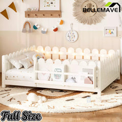 Bellemave® Solid Wood Montessori Floor Bed with High Fence Guardrails, Bookshelf & LED Light, Low Profile Kids Bed Frame Bellemave®