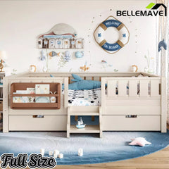Bellemave® Montessori Bed with Stairs, Rails & Slats, Montessori Floor Bed with Bookshelf & 2 Storage Drawers for Girls & Boys Bellemave®