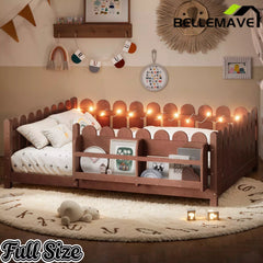 Bellemave® Solid Wood Montessori Floor Bed with High Fence Guardrails, Bookshelf & LED Light, Low Profile Kids Bed Frame Bellemave®