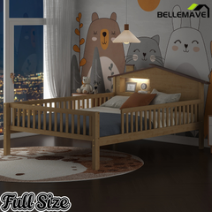 Bellemave® Twin Size Solid Wood Platform Bed with House-Shaped Headboard,Safety Guardrails,LED & Built-in Storage,No Box Spring Needed (Natural) Bellemave®