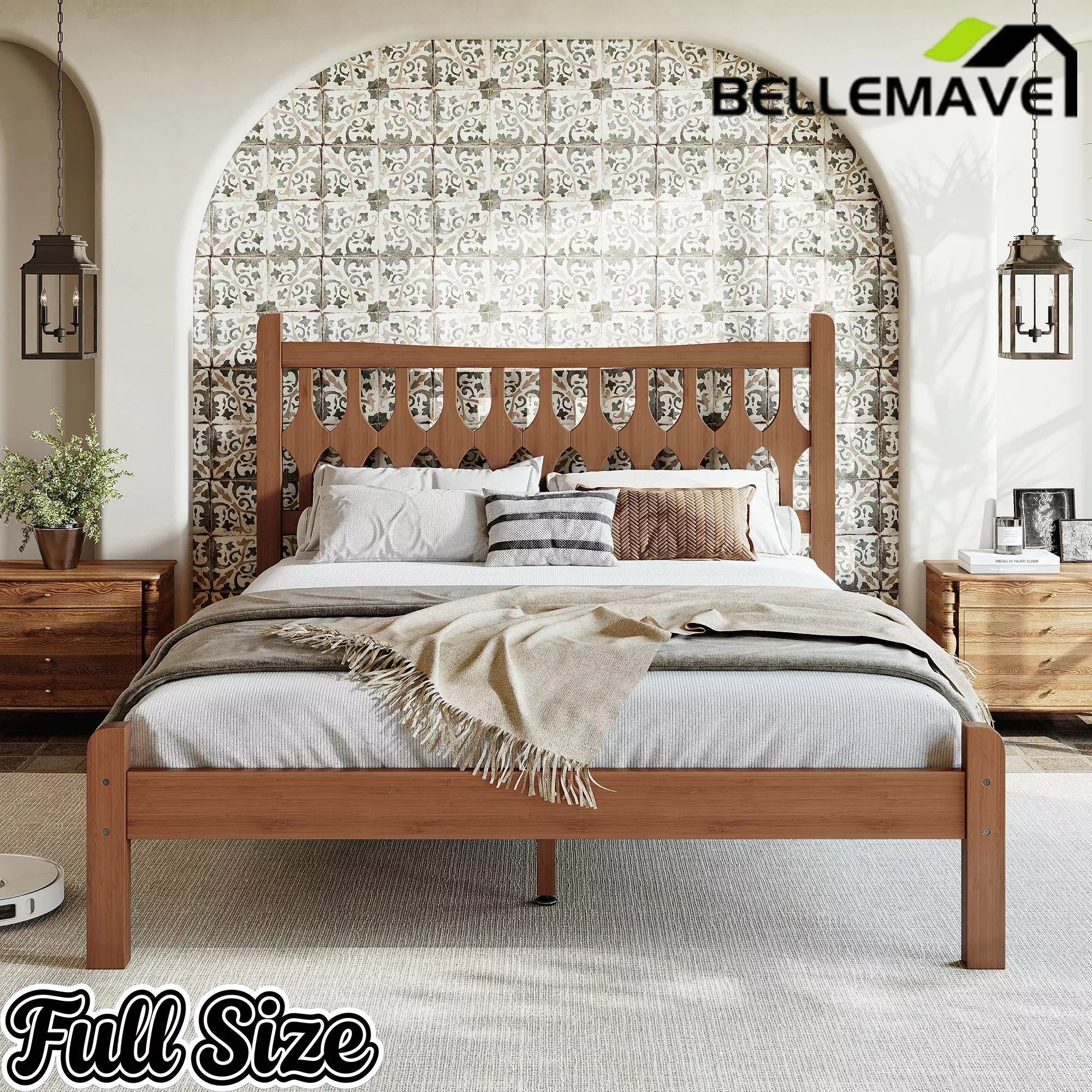 Bellemave® Bamboo Platform Bed with Diamond-shaped headboard, Solid Bamboo-made Bed Frame with Support Slats, for Bedroom, Guest Rooms, Brown Bellemave®