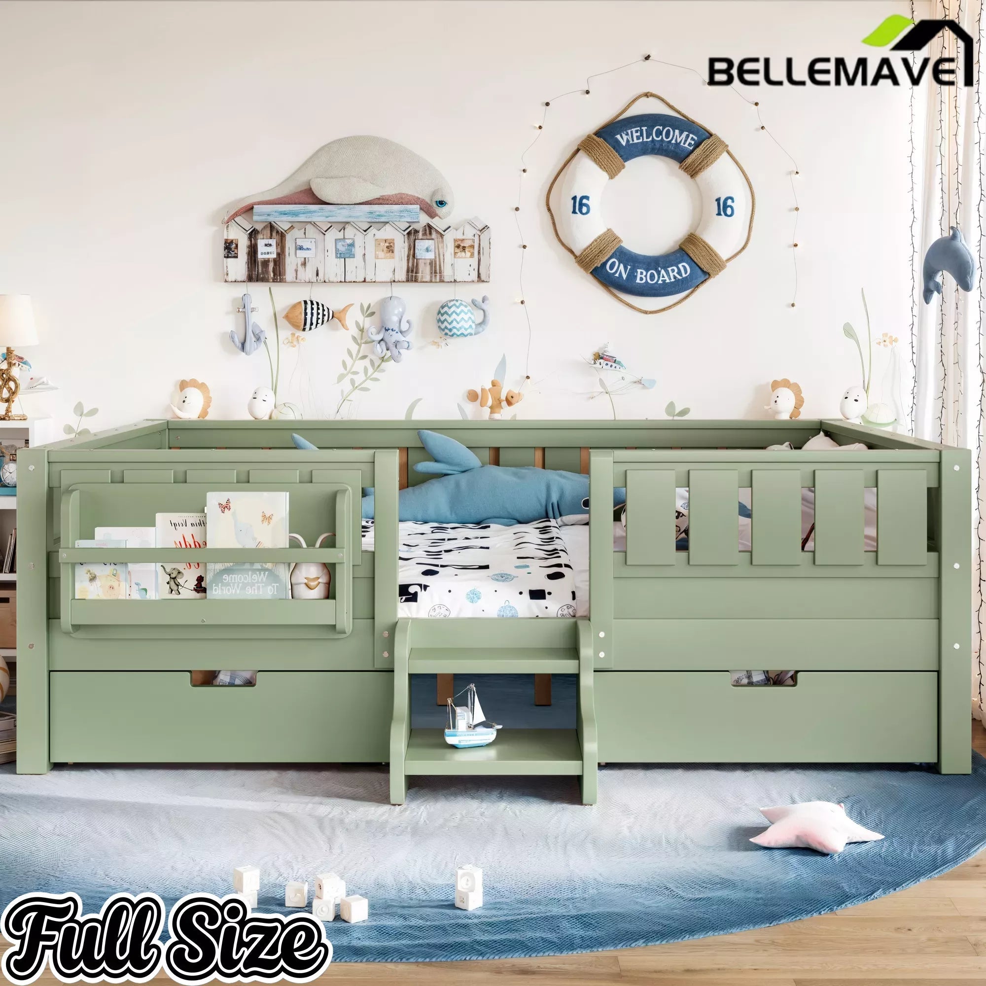 Bellemave® Montessori Bed with Stairs, Rails & Slats, Montessori Floor Bed with Bookshelf & 2 Storage Drawers for Girls & Boys Bellemave®