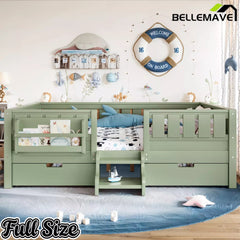 Bellemave® Montessori Bed with Stairs, Rails & Slats, Montessori Floor Bed with Bookshelf & 2 Storage Drawers for Girls & Boys Bellemave®