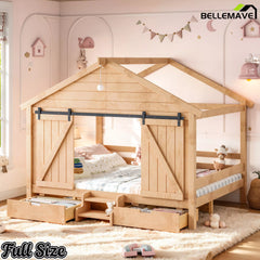 Bellemave® Farmhouse House Bed with Sliding Barn Door, Storage Drawers & Staircase, Wooden Kids House Bed Frame with Light