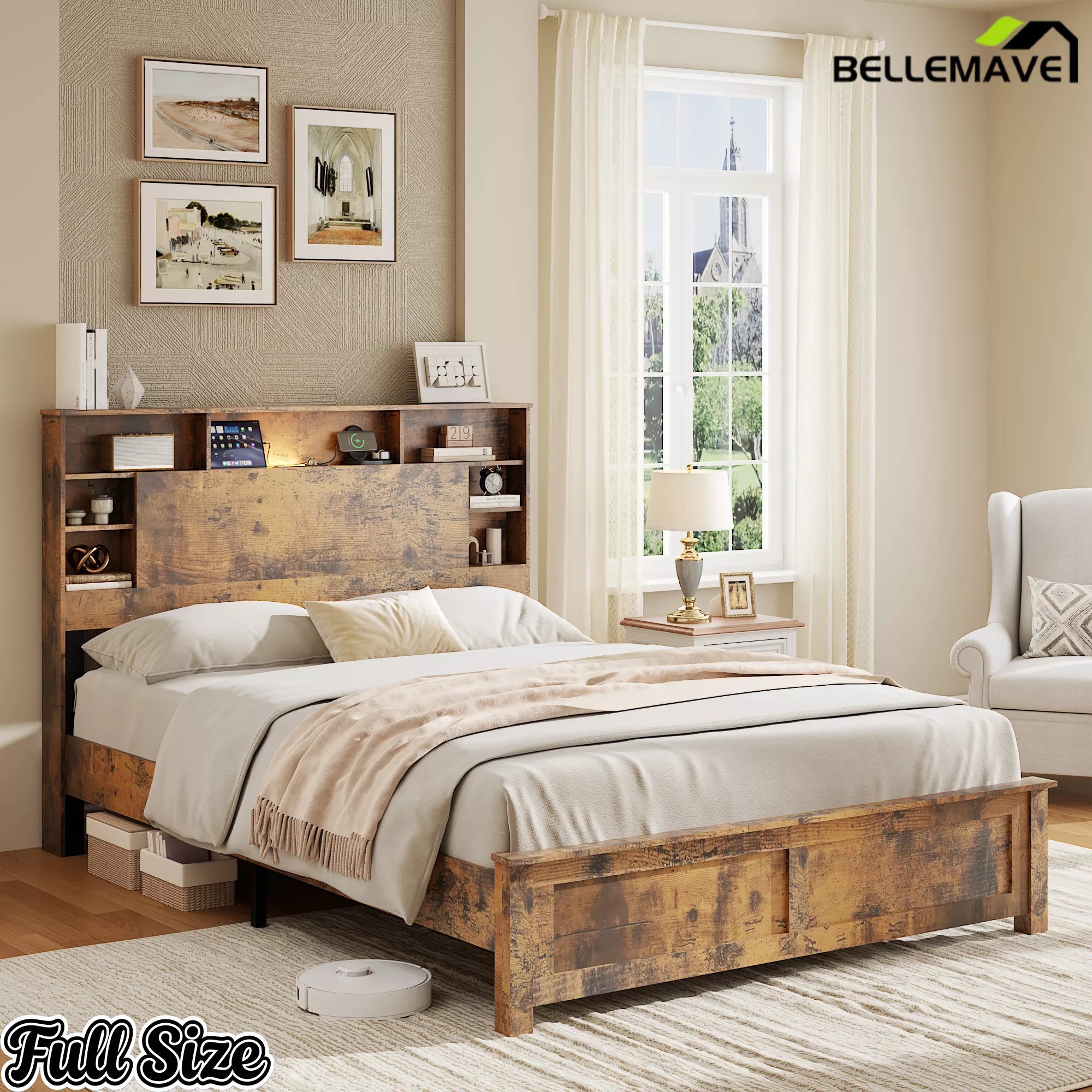 Full Size Wood Platform Bed with Storage Headboard