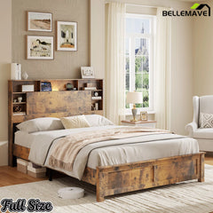 Full Size Wood Platform Bed with Storage Headboard
