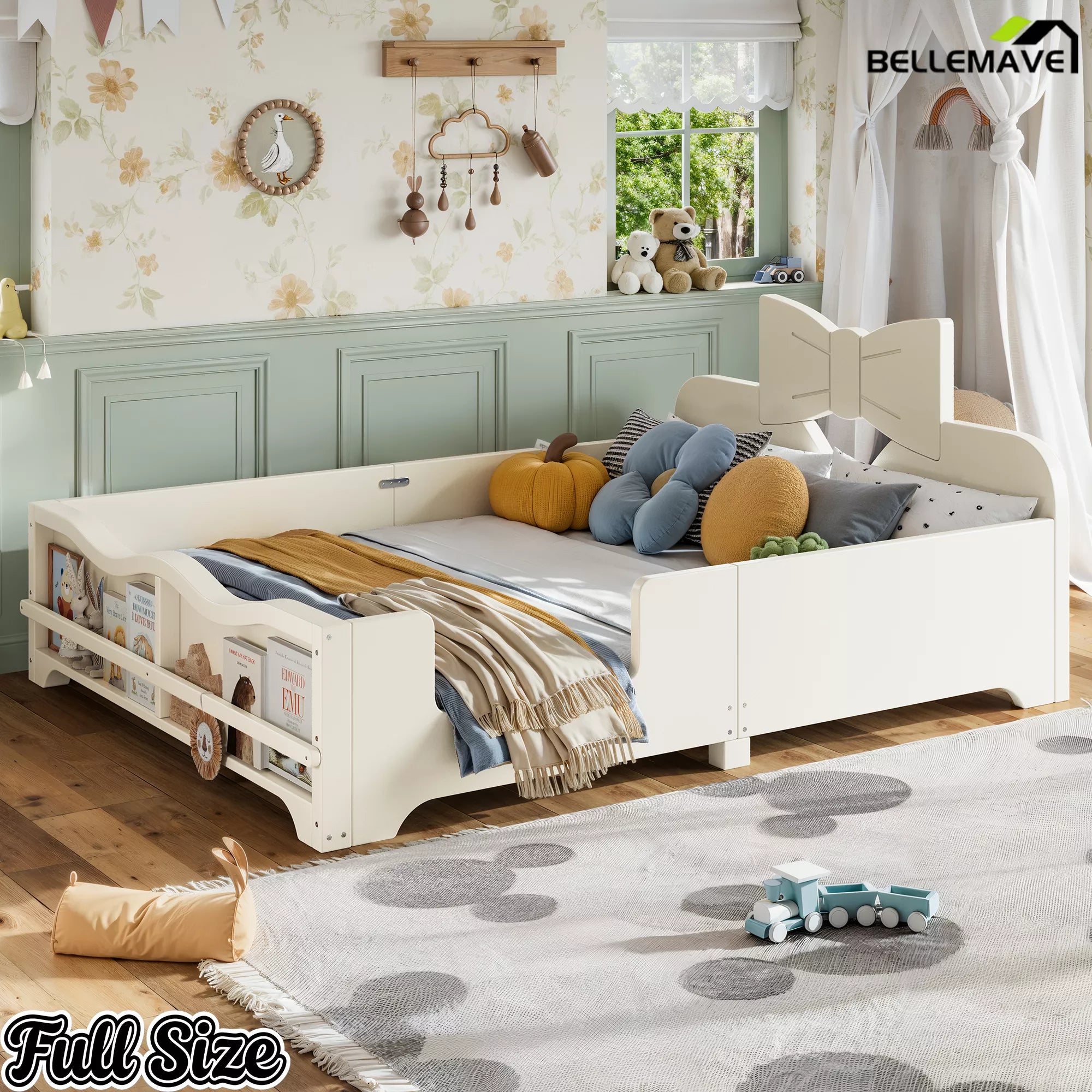 Full size white wooden kids platform bed with bow headboard, full surrounding safety guardrails and footboard book storage shelf in girl bedroom