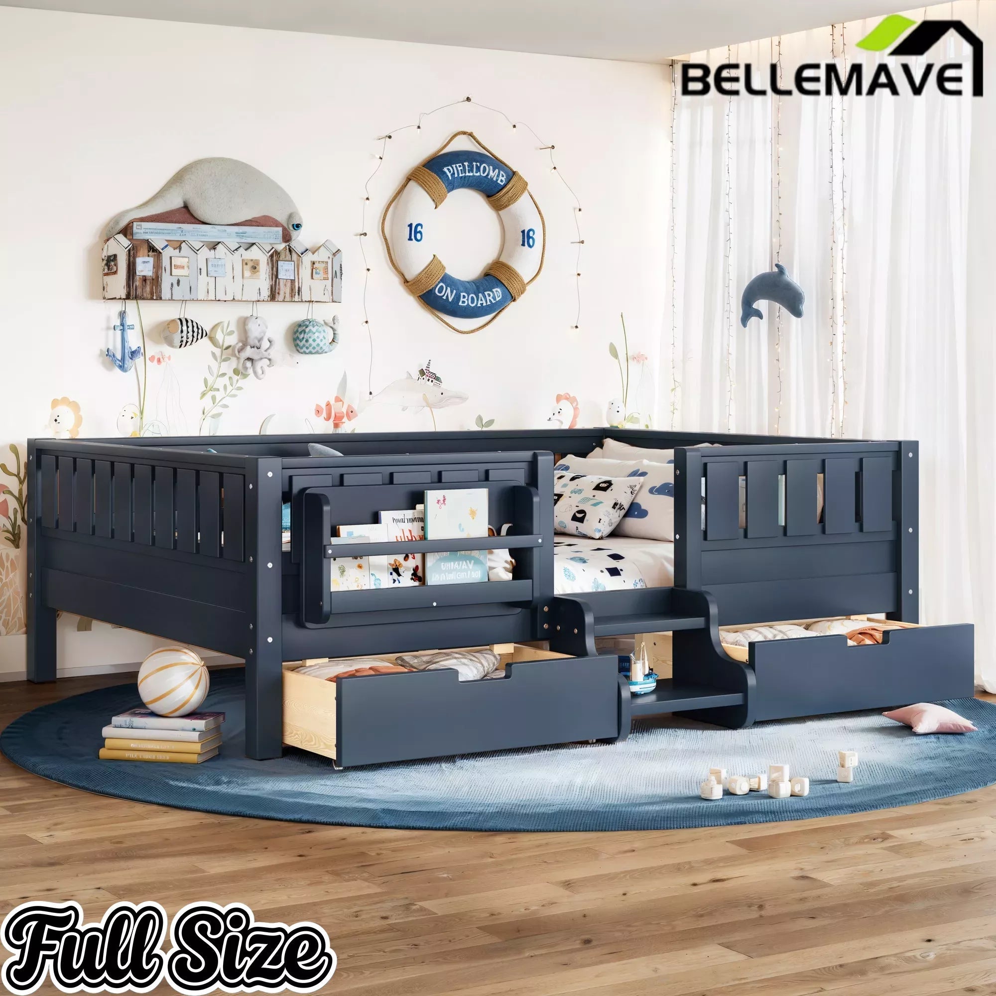 Bellemave® Montessori Bed with Stairs, Rails & Slats, Montessori Floor Bed with Bookshelf & 2 Storage Drawers for Girls & Boys Bellemave®