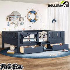Bellemave® Montessori Bed with Stairs, Rails & Slats, Montessori Floor Bed with Bookshelf & 2 Storage Drawers for Girls & Boys Bellemave®
