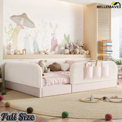 Bellemave® Kids Upholstered Floor Bed with Full Surround Safety Rails, Montessori Low Profile Bed with Teddy Fleece Frame & Side Storage Pocket