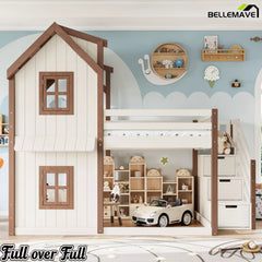 Full over full playhouse bunk bed with roof and windows