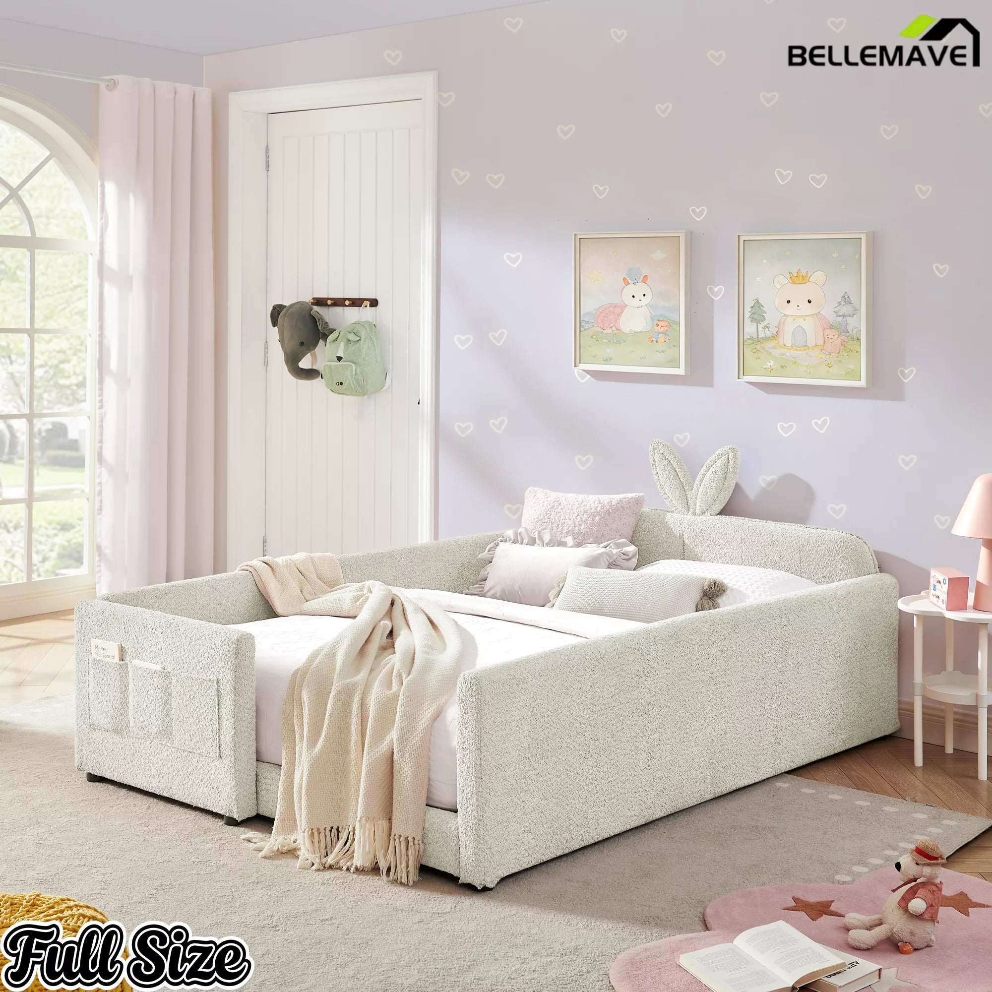 Cream White Full‑Size Boucle Kids Bed Frame, Bunny Ear Design, Surround Safety Guardrails with Side Storage Pockets for Child Bedroom