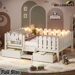 Bellemave® Kids Platform Bed with Guardrail, Bookshelf, Stairs & LED Lights
