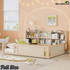 Full size platform floor bed with guardrails for children bedroom