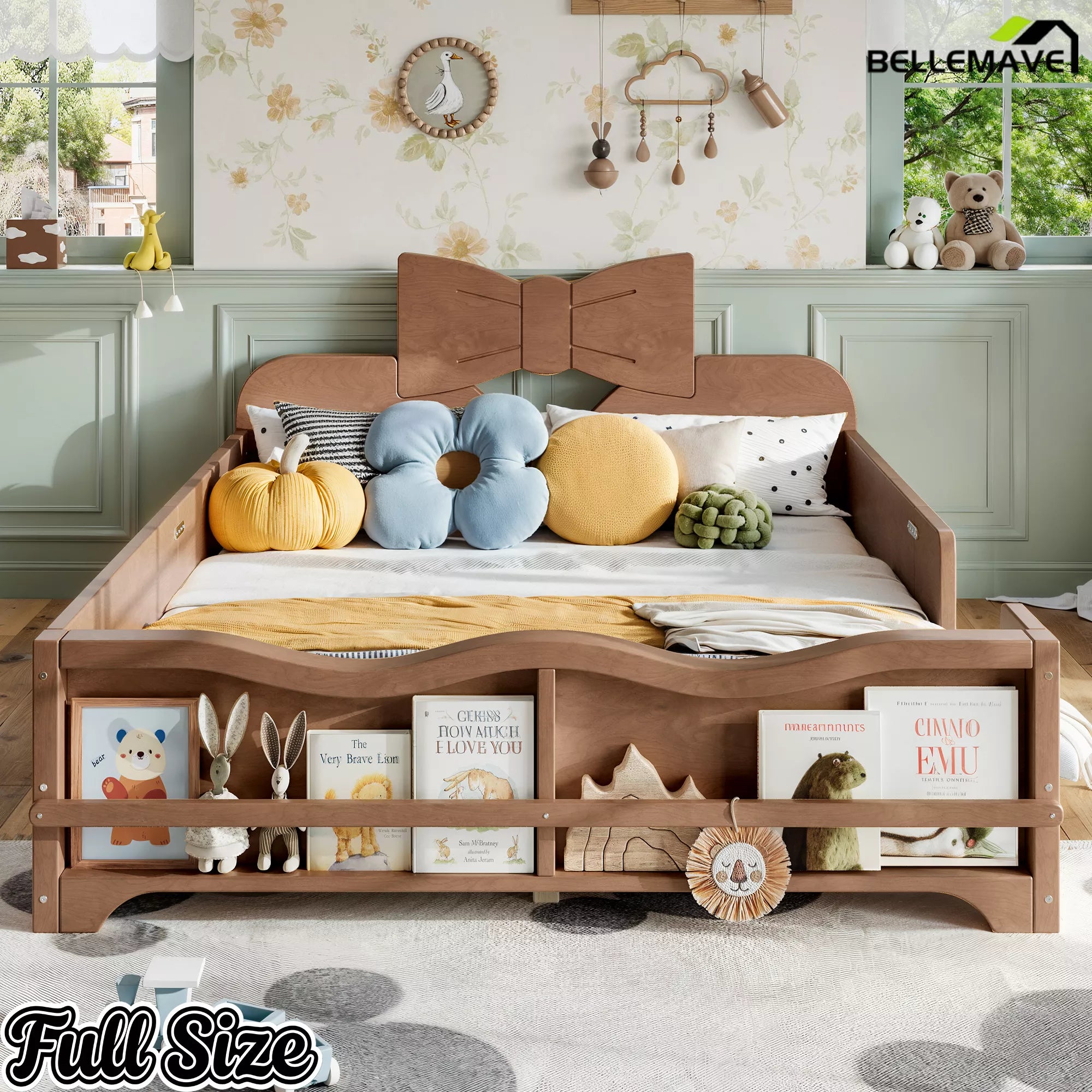 Front view walnut finish full size children bed frame, bow headboard, safety guardrails and built‑in book shelf