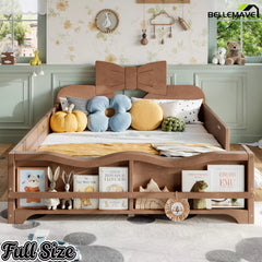 Front view walnut finish full size children bed frame, bow headboard, safety guardrails and built‑in book shelf