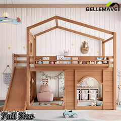 Bellemave® House Loft Bed with Slide, Bookshelves & Built-in Wardrobe | Natural Wood Playhouse Bunk Bed for Kids Bellemave®