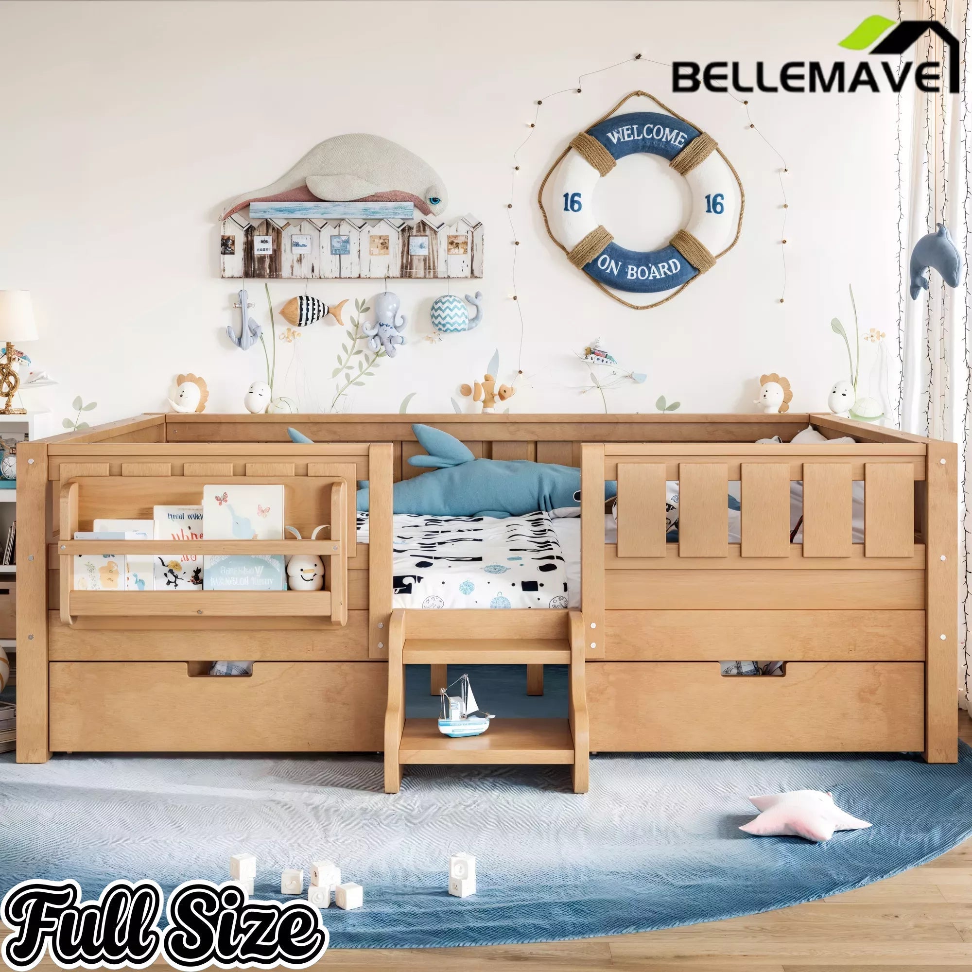 Bellemave® Montessori Bed with Stairs, Rails & Slats, Montessori Floor Bed with Bookshelf & 2 Storage Drawers for Girls & Boys Bellemave®
