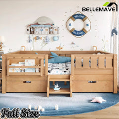 Bellemave® Montessori Bed with Stairs, Rails & Slats, Montessori Floor Bed with Bookshelf & 2 Storage Drawers for Girls & Boys Bellemave®