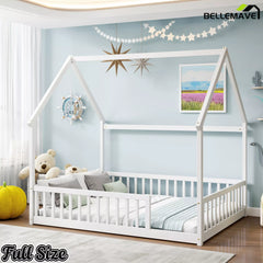 Angle view of Bellemave® white full floor bed for kids