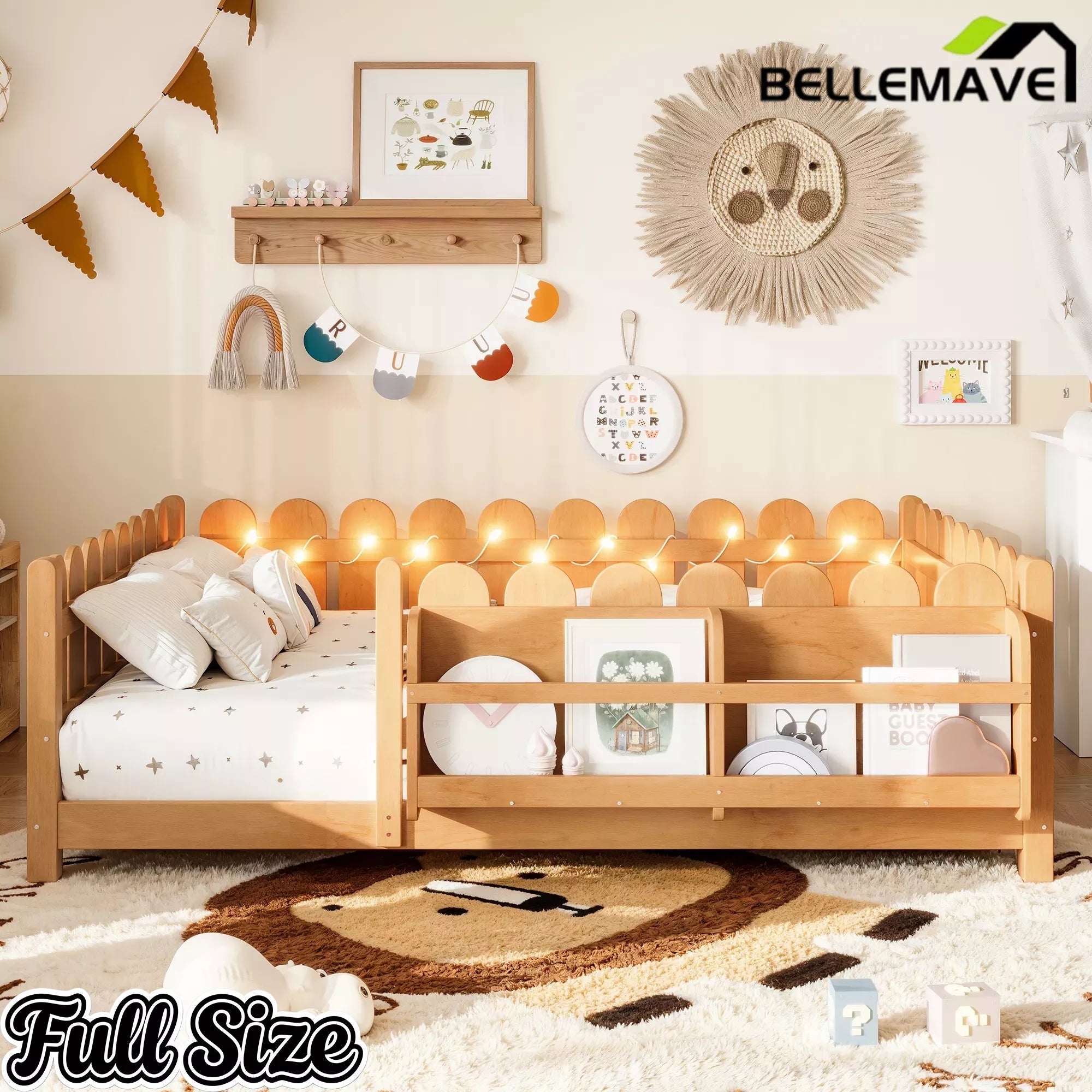 Bellemave® Solid Wood Montessori Floor Bed with High Fence Guardrails, Bookshelf & LED Light, Low Profile Kids Bed Frame Bellemave®