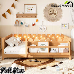 Bellemave® Solid Wood Montessori Floor Bed with High Fence Guardrails, Bookshelf & LED Light, Low Profile Kids Bed Frame Bellemave®