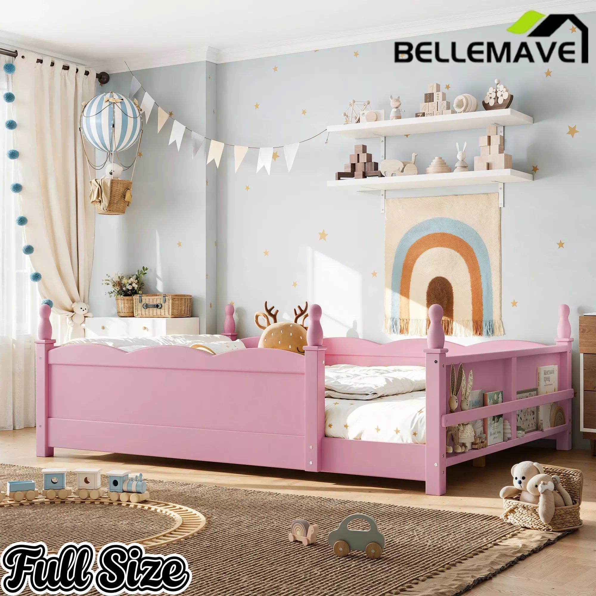 Bellemave® Floor Bed with Bookshelf & Safety Guardrails for Kids, Wooden Montessori Bed Frame with Childlike Design for Girls Boys Bellemave®