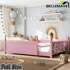 Bellemave® Floor Bed with Bookshelf & Safety Guardrails for Kids, Wooden Montessori Bed Frame with Childlike Design for Girls Boys Bellemave®
