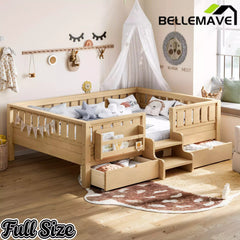 Bellemave® Kids Twin Size Montessori Bed Frame with Built-in Storage Shelves and Drawers, Floor Bed with Staircase and Full-Length High Rails,for Boys, Girls, Wood,Easy Assemble Bellemave®