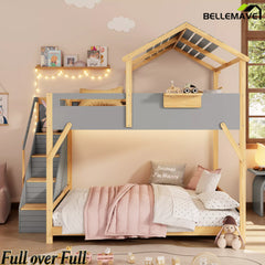 Bellemave® Twin Over Twin & Full Over Full House Bunk Bed with Stairs and 3-Color LED Lights for Kids and Teens