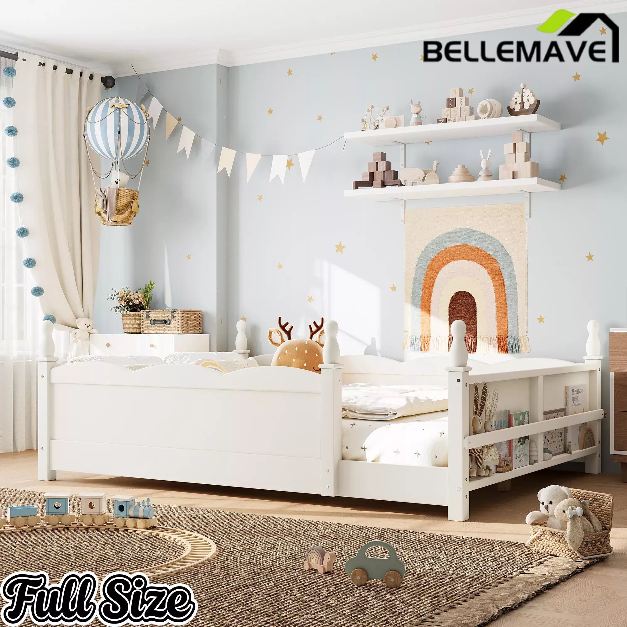 Bellemave® Floor Bed with Bookshelf & Safety Guardrails for Kids, Wooden Montessori Bed Frame with Childlike Design for Girls Boys Bellemave®