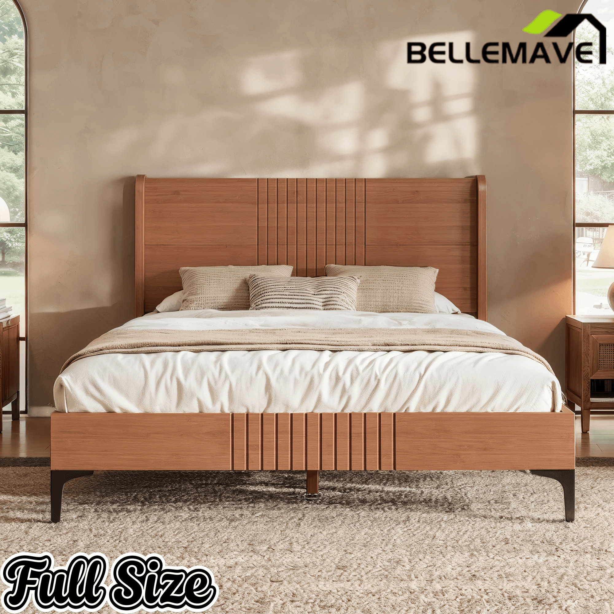 Bellemave® Solid Bamboo Platform Bed, Mid-Century Modern Bed Frame with Headboard, Round Corner Design Bellemave®