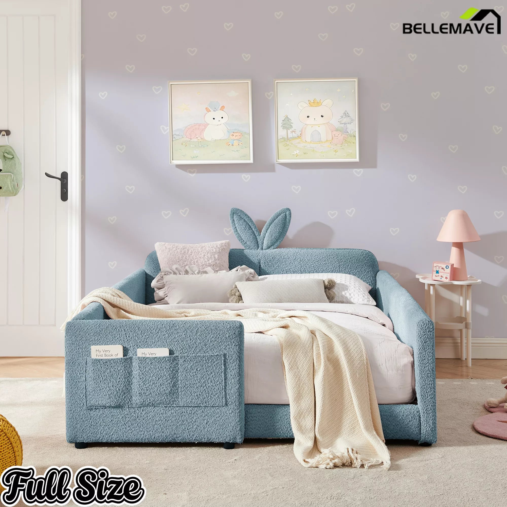 Full‑Size Boucle Upholstered Kids Bed, Cute Bunny Ear Headboard, Full Enclosed Safety Rails with Side Storage Pockets for Children, Blue