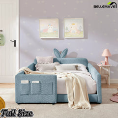 Full‑Size Boucle Upholstered Kids Bed, Cute Bunny Ear Headboard, Full Enclosed Safety Rails with Side Storage Pockets for Children, Blue