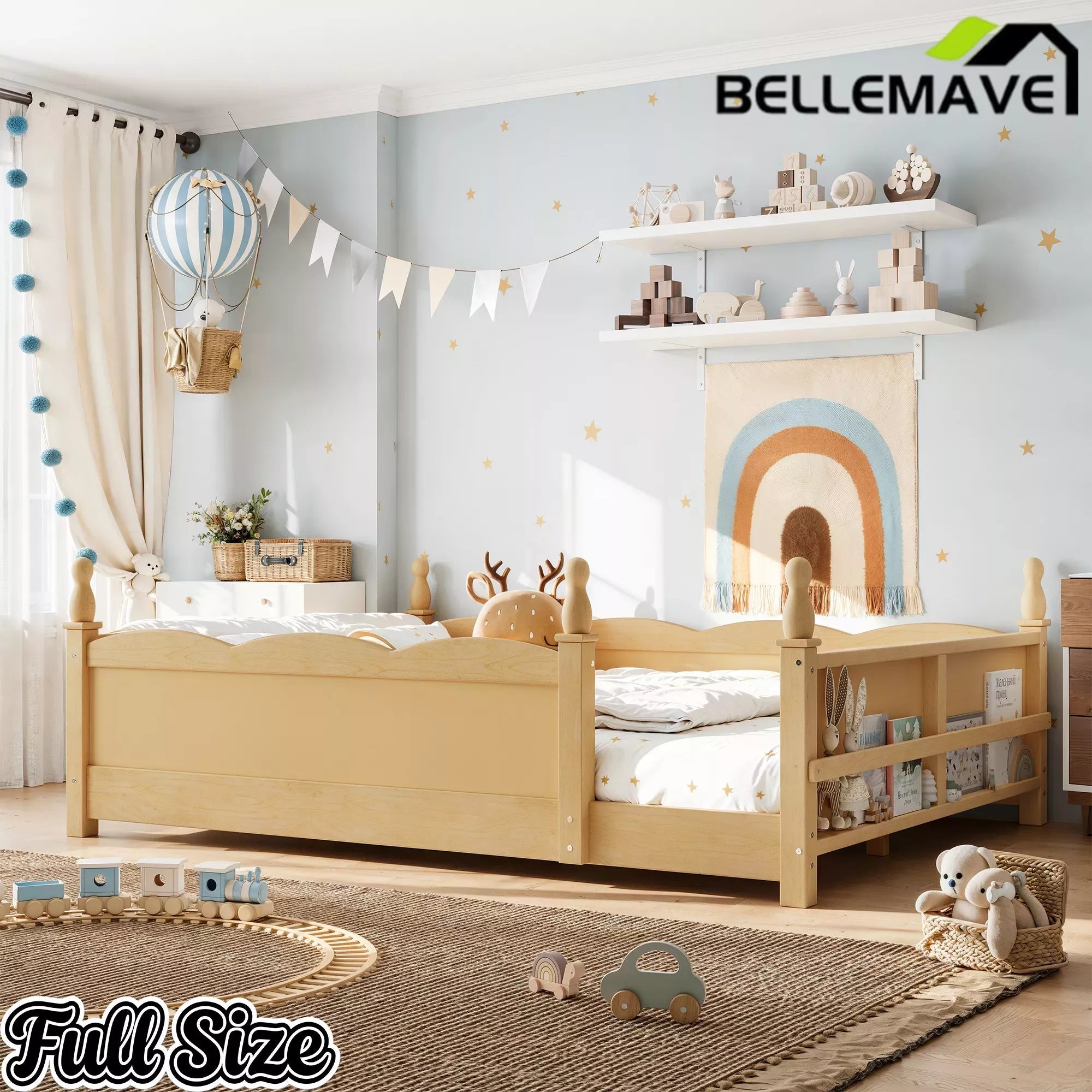 Bellemave® Floor Bed with Bookshelf & Safety Guardrails for Kids, Wooden Montessori Bed Frame with Childlike Design for Girls Boys Bellemave®