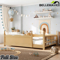 Bellemave® Floor Bed with Bookshelf & Safety Guardrails for Kids, Wooden Montessori Bed Frame with Childlike Design for Girls Boys Bellemave®
