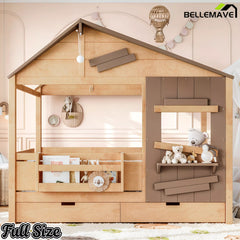 Bellemave® Wooden Farmhouse House Bed with Storage Drawers, Window Shelf & Side Hooks, Kids Playhouse Floor Bed