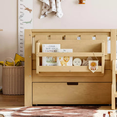Bellemave® Kids Twin Size Montessori Bed Frame with Built-in Storage Shelves and Drawers, Floor Bed with Staircase and Full-Length High Rails,for Boys, Girls, Wood,Easy Assemble Bellemave®