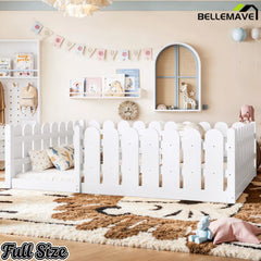 Bellemave® Solid Wood Montessori Floor Bed with Fence Guardrails, Low Profile Kids Floor Bed Frame