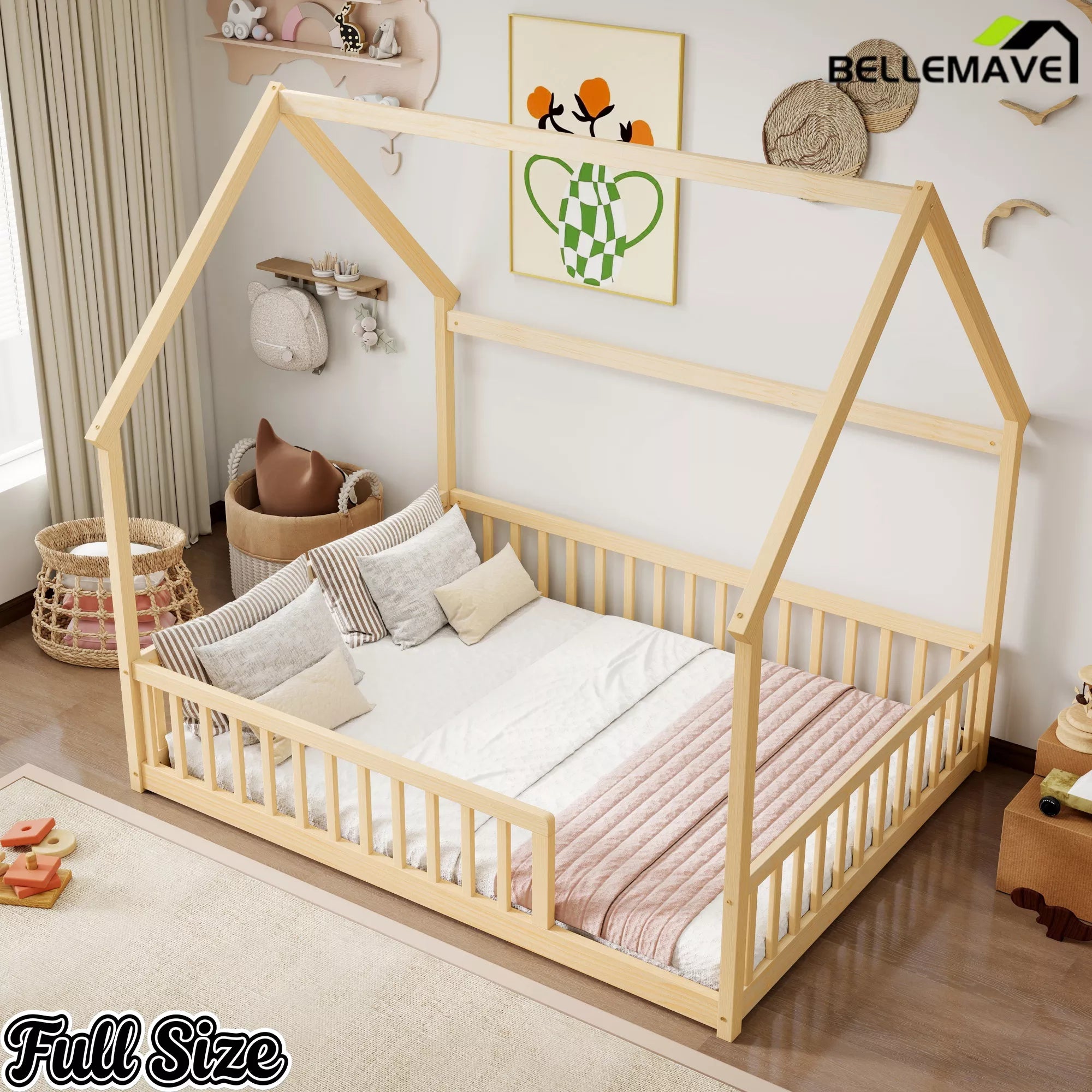 Side view of Bellemave® natural wood full floor bed with guardrails