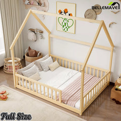 Side view of Bellemave® natural wood full floor bed with guardrails