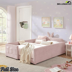 Pink Full Size Kids Platform Bed, Bunny Ear Boucle Upholstered Bed with Enclosed Safety Guardrails and Side Storage Pockets for Girl Bedroom