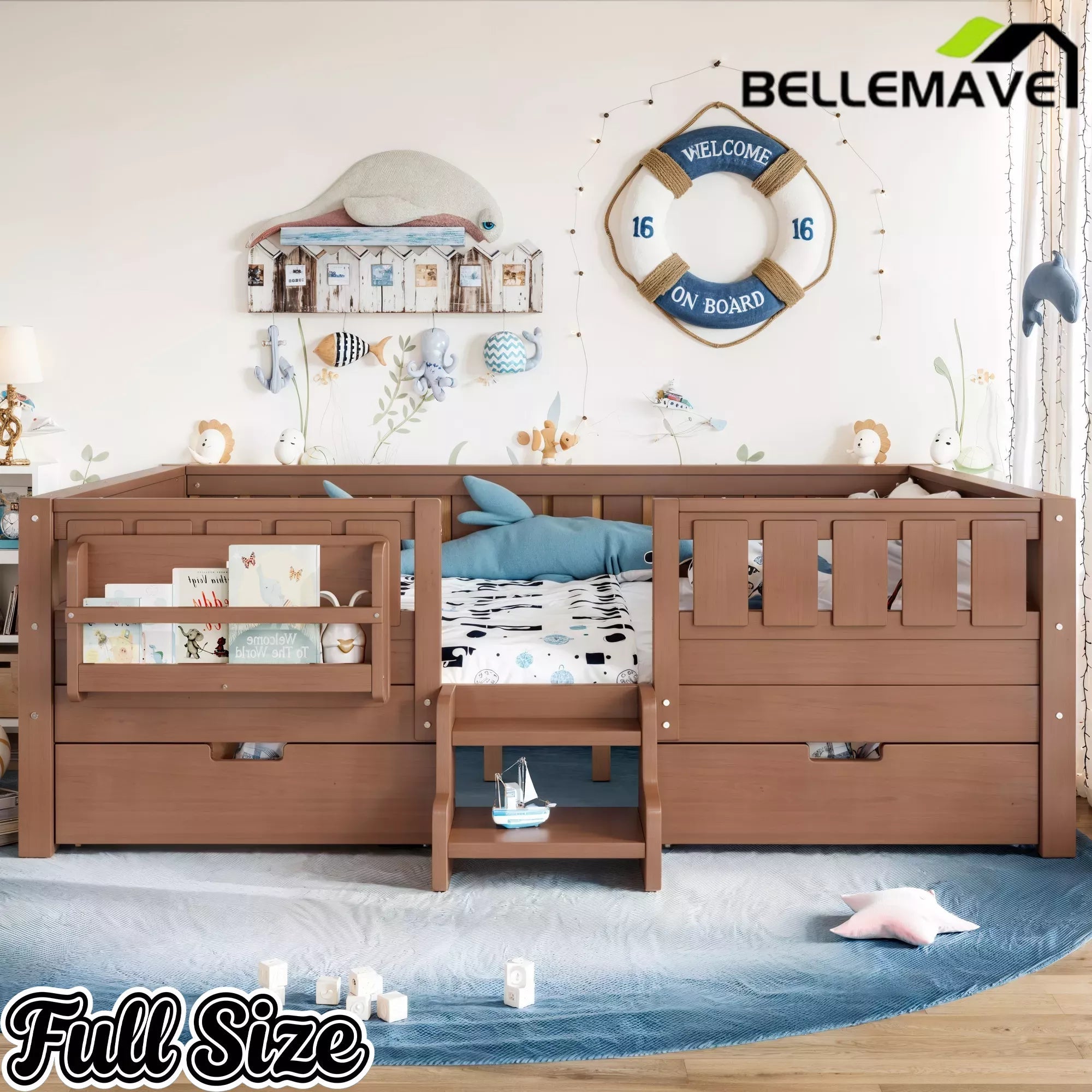 Bellemave® Montessori Bed with Stairs, Rails & Slats, Montessori Floor Bed with Bookshelf & 2 Storage Drawers for Girls & Boys Bellemave®